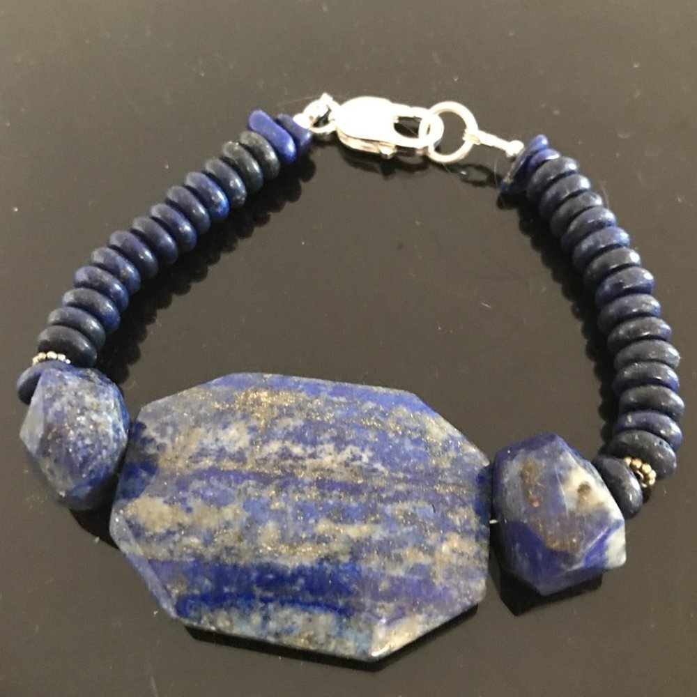 Lapis Lazuli Gemstone Sterling Silver Bracelet Large 925 Handmade Solid  .925